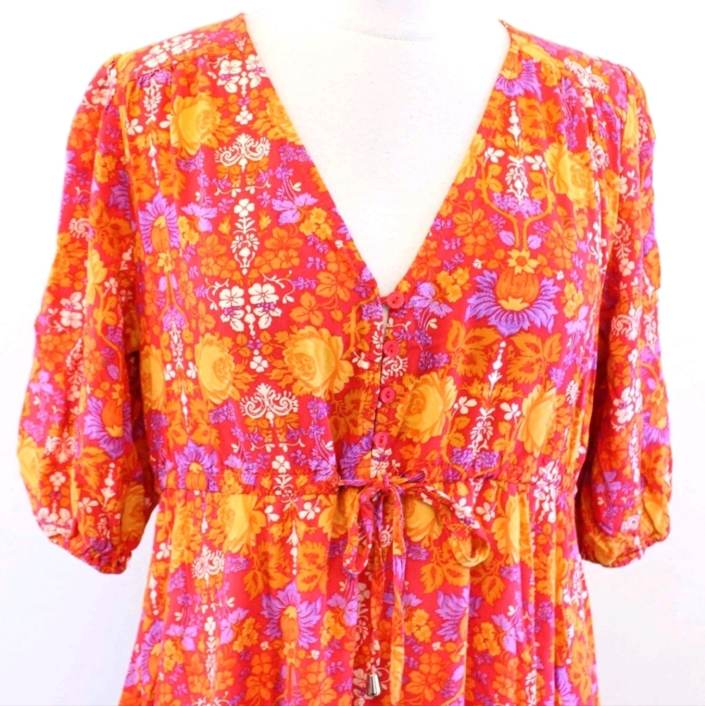 S🧡Anthropologie Abel the Label Red Orange Yellow Floral Print Dress Midi/Maxi - Picture 3 of 9